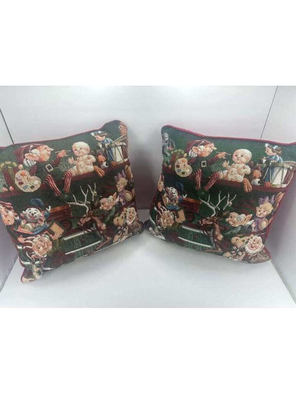 Set of 2 Vintage Christmas Elf Tapestry Throw Pillows